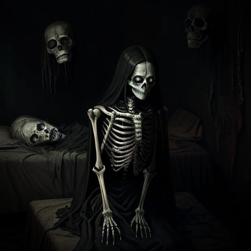 Gothic Horror Oil Painting of Woman Facing Skeletal Figure