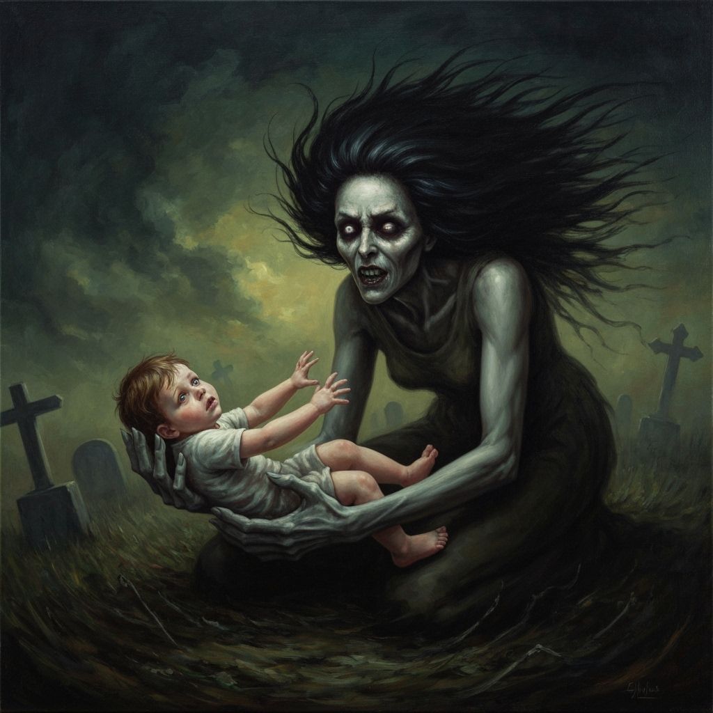 Dramatic Banshee Oil Painting with Child