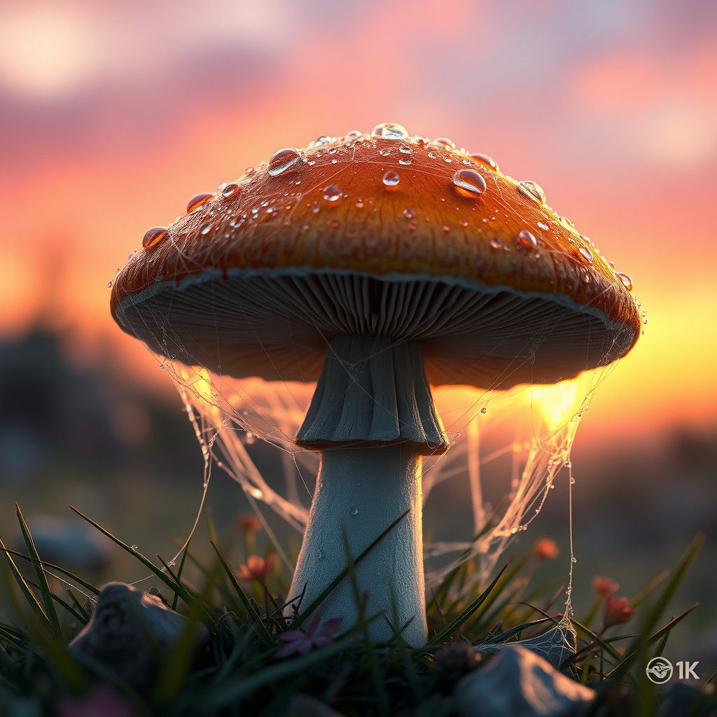 Orange Mushroom with Spiderweb in Sunset Light