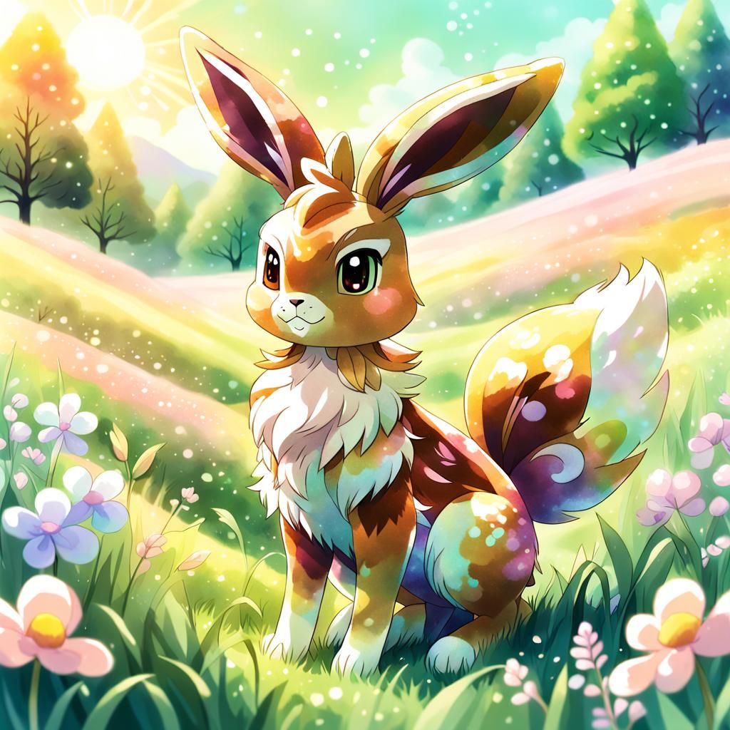 Anime Lopunny in Meadow with Watercolor Textures