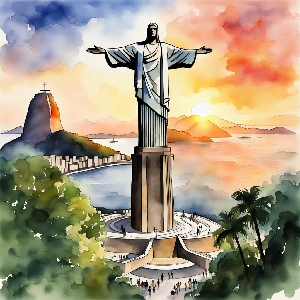 Christ the Redeemer in Watercolor Sunset