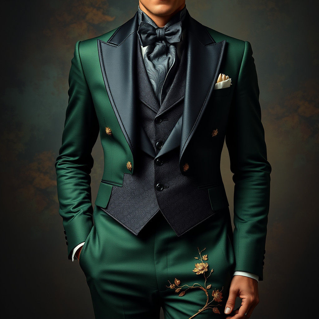 Dark Green Groom's Suit with Gold Beaded Embroidery