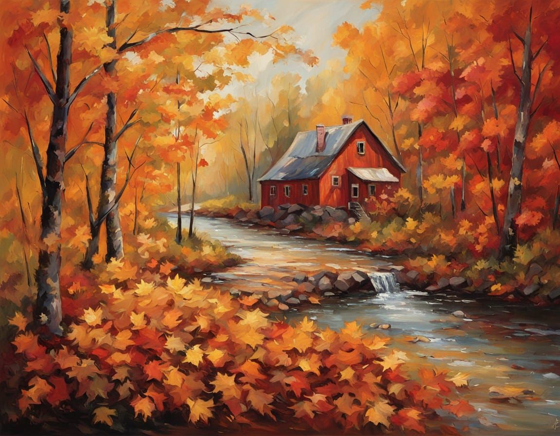 Cute Animal Frolics in Vibrant Autumn Leaves Oil Painting