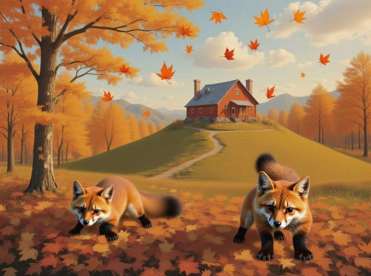 Cute Animal Frolics in Vibrant Autumn Leaves