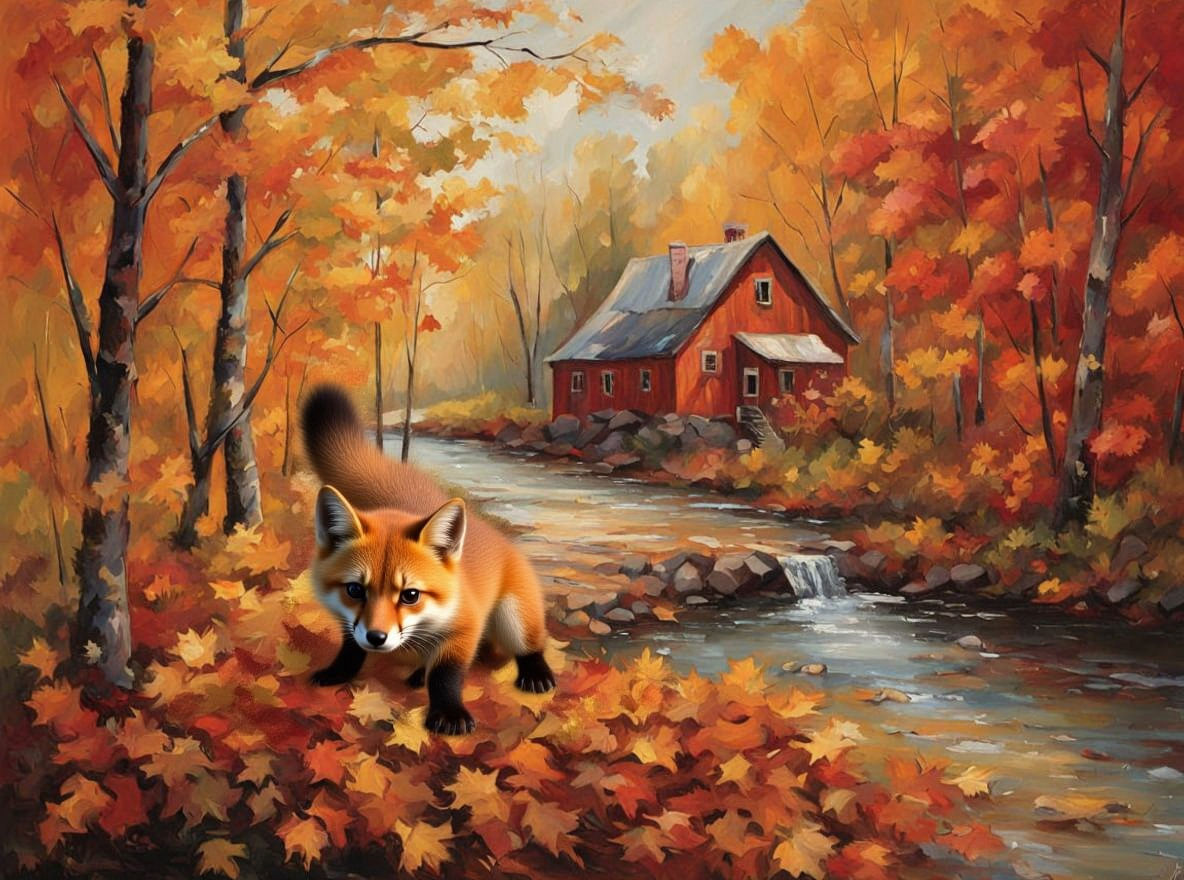 Fox Frolics in Vibrant Autumn Leaves as Oil Painting