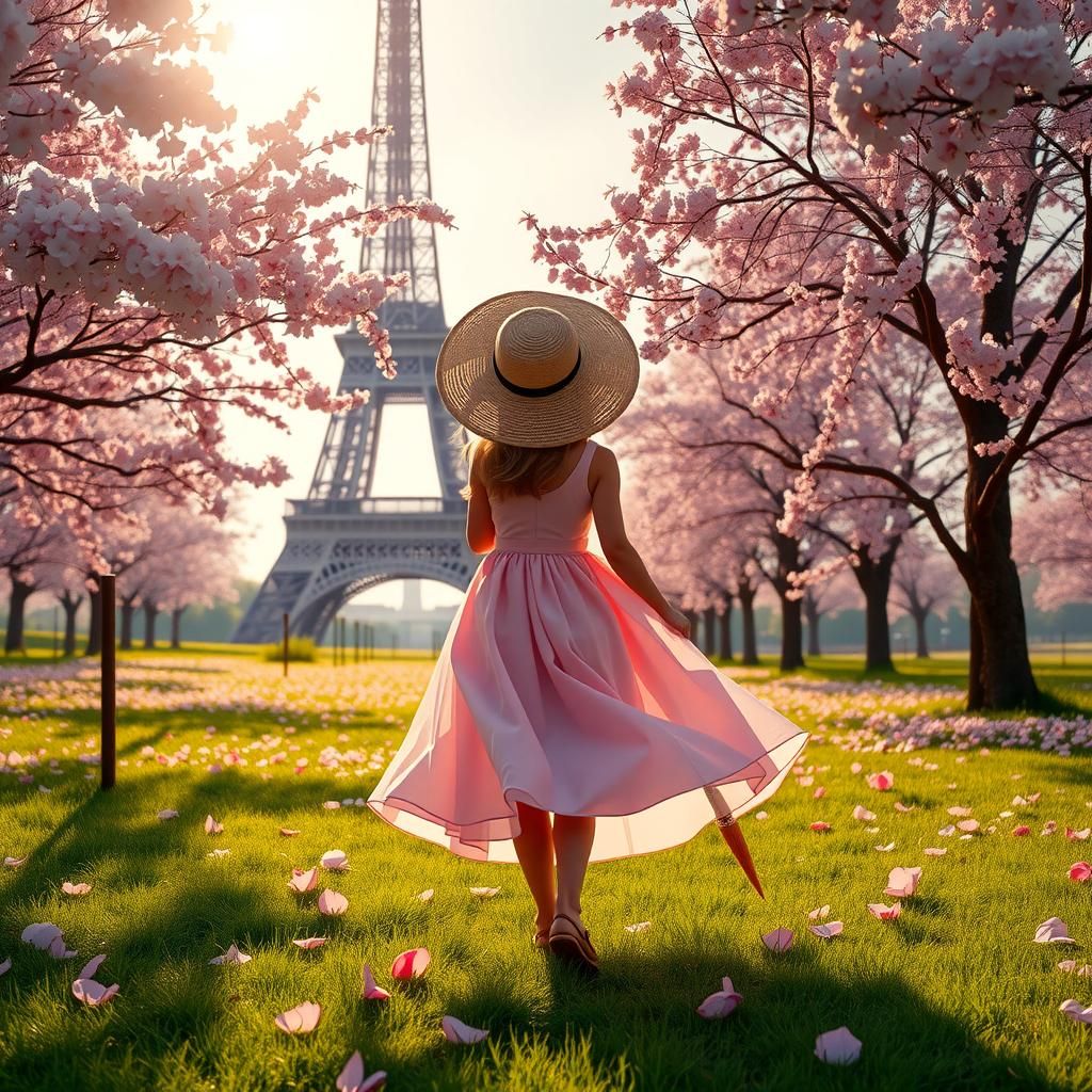 Girl in Cherry Blossom Field, Paris, Fantasy Concept Art