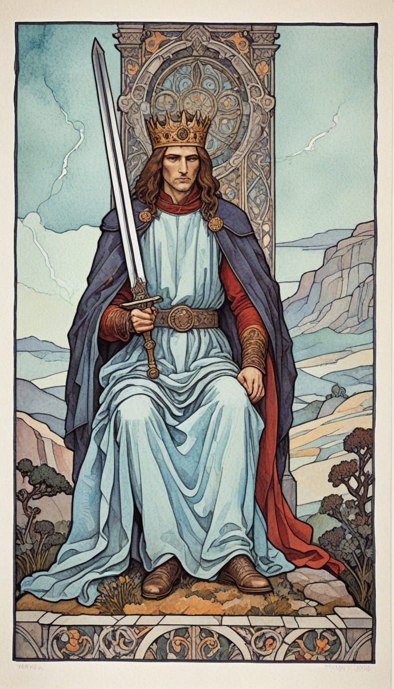 Majestic King of Swords Reigns in Vibrant Lush Landscape