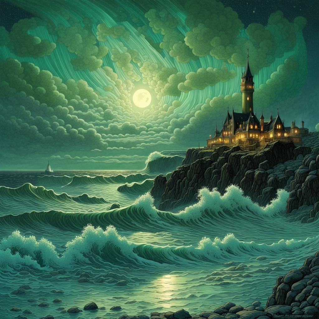 Aurora Borealis Over Glittering Ocean Waves