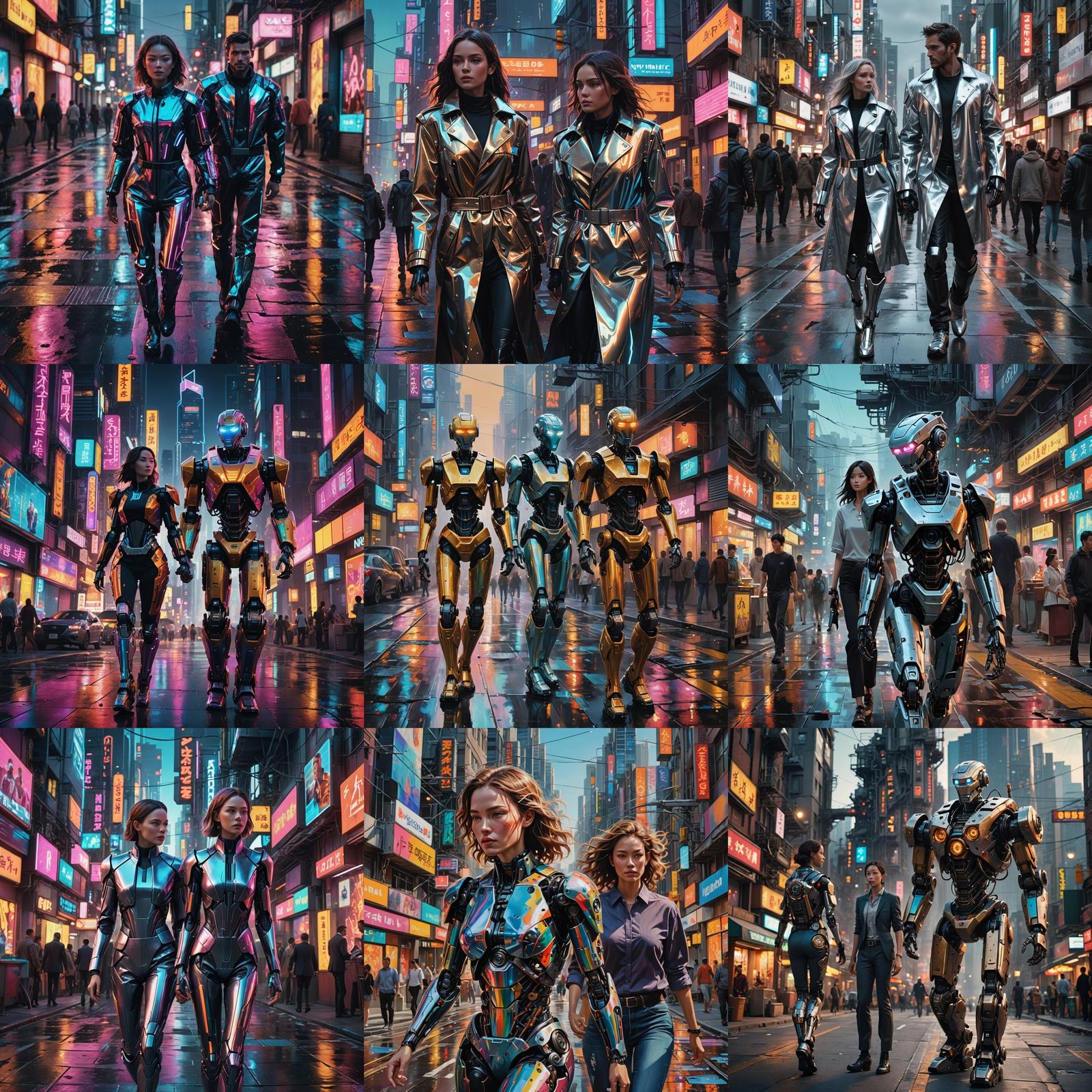 Robotic Women Walking With Man in Hyperreal Style