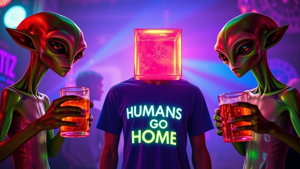 Alien Teens Toasting a Glowing Cube at a Party