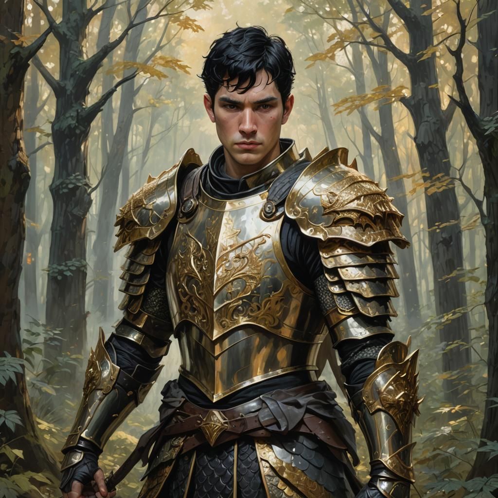Evil Paladin in Golden Armor, Forest Setting