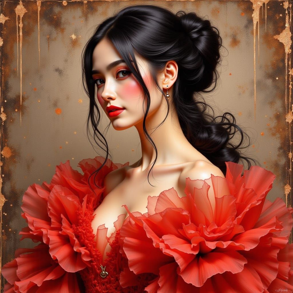 Illustration of a Beautiful young woman in red dress, 
At th...
