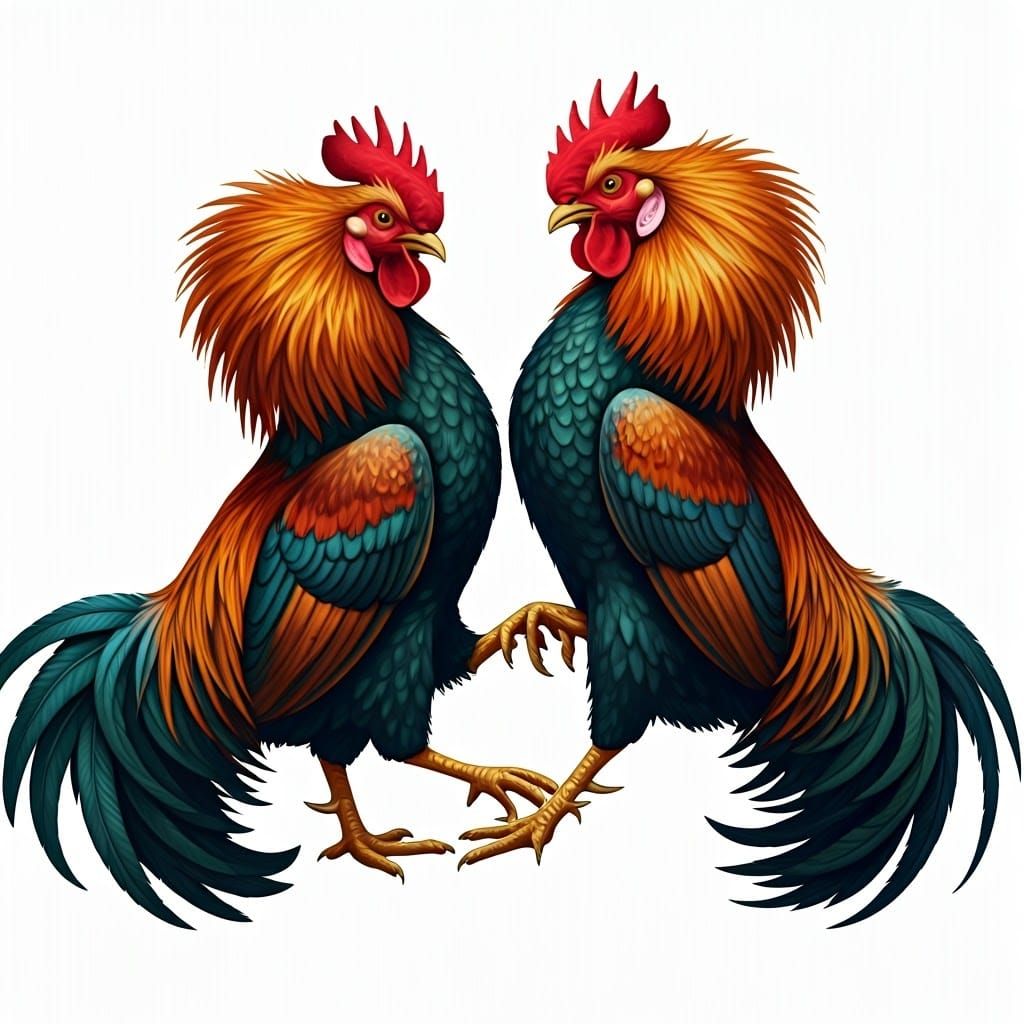 In wonderfully realistic colours: “Two roosters fighting, el...