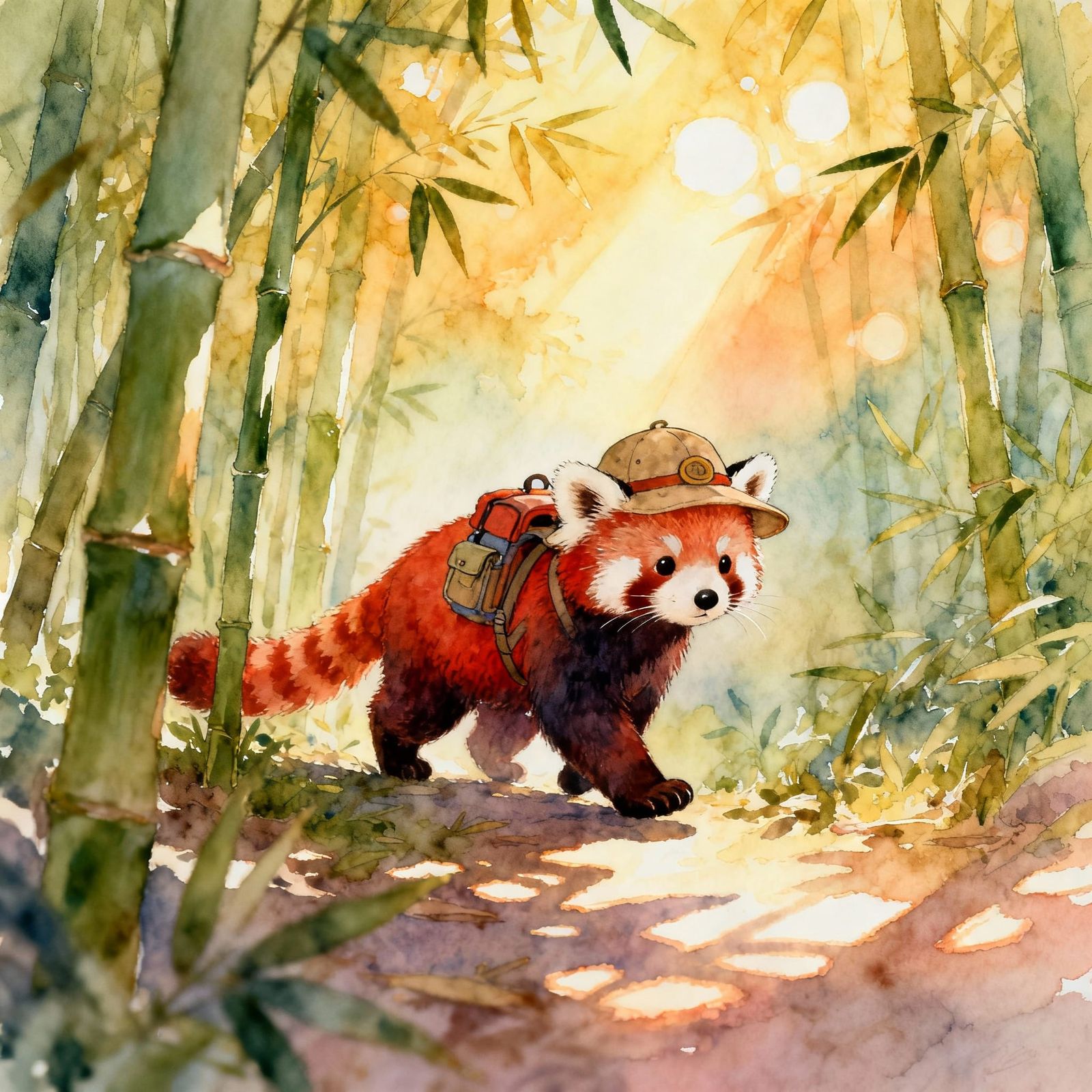 Red Panda Explorer in Bamboo Jungle, Watercolor Style