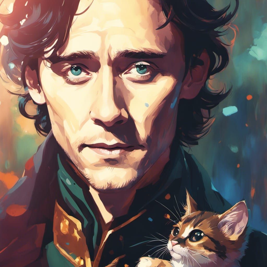 Loki Snuggling Kitten, Anime Style Digital Art