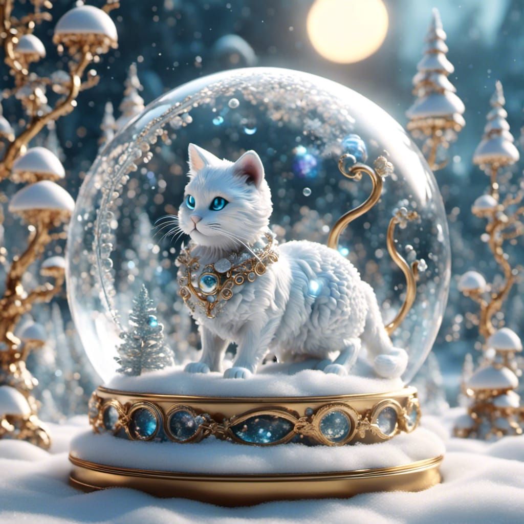 Crystallized Glass Cat in Snow Globe, 3D Render