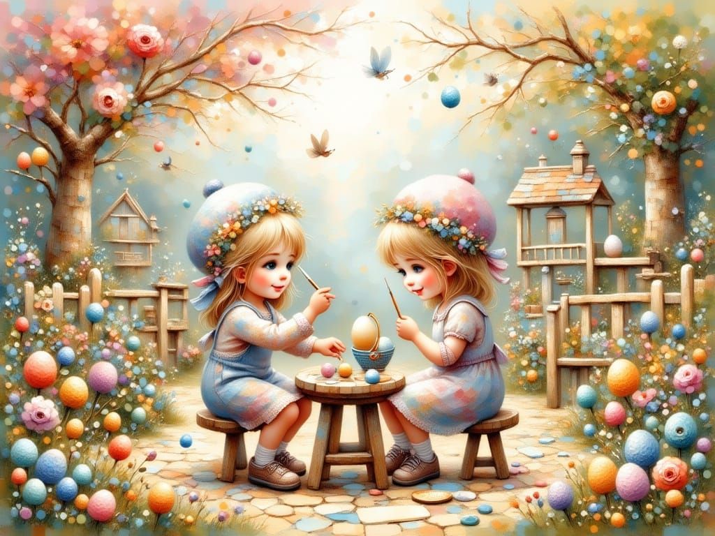 Children Paint Easter Eggs in a Whimsical Garden Scene