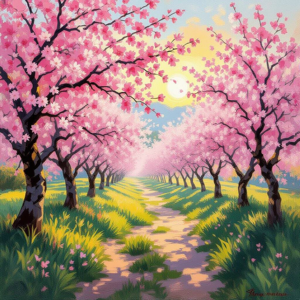 Breathtaking Cherry Blossom Orchard in Golden Morning Light