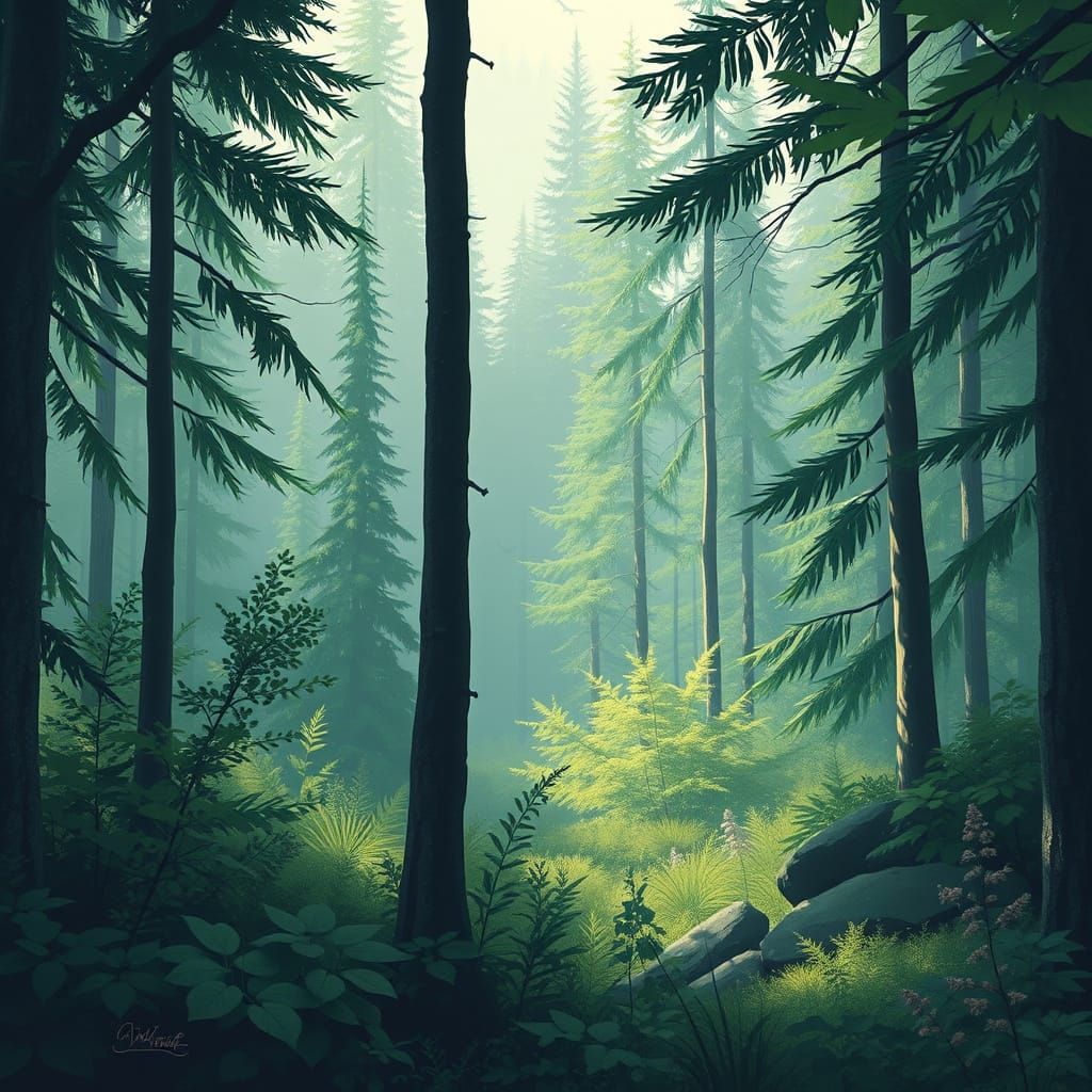 Serene Canadian Forest Glade in Soft Naïve Style