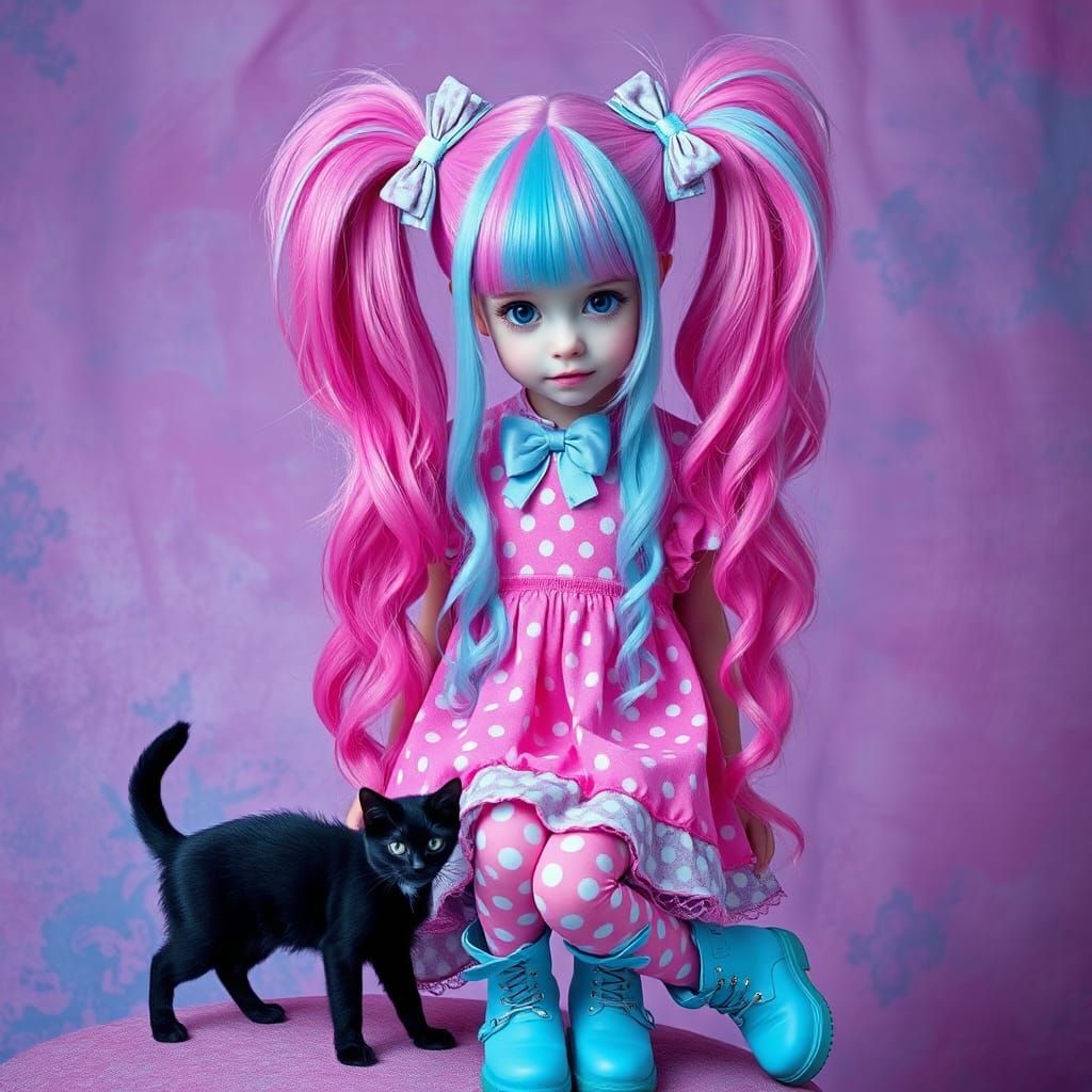 Girl with Pink and Blue Hair and Black Cat