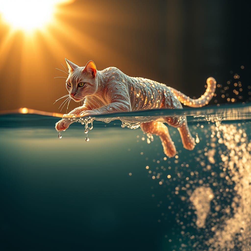 Ethereal Water Feline Leaps Through Golden Sunset