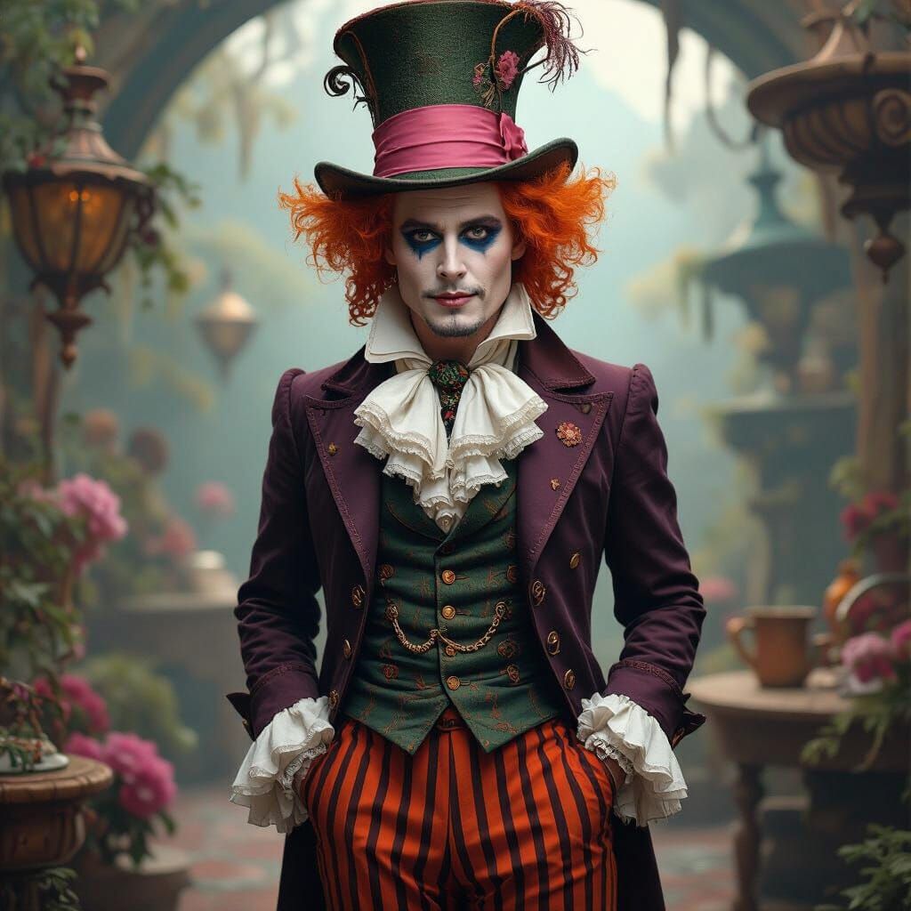 Modern Mad Hatter with Orange Hair in Fantasy Art Style