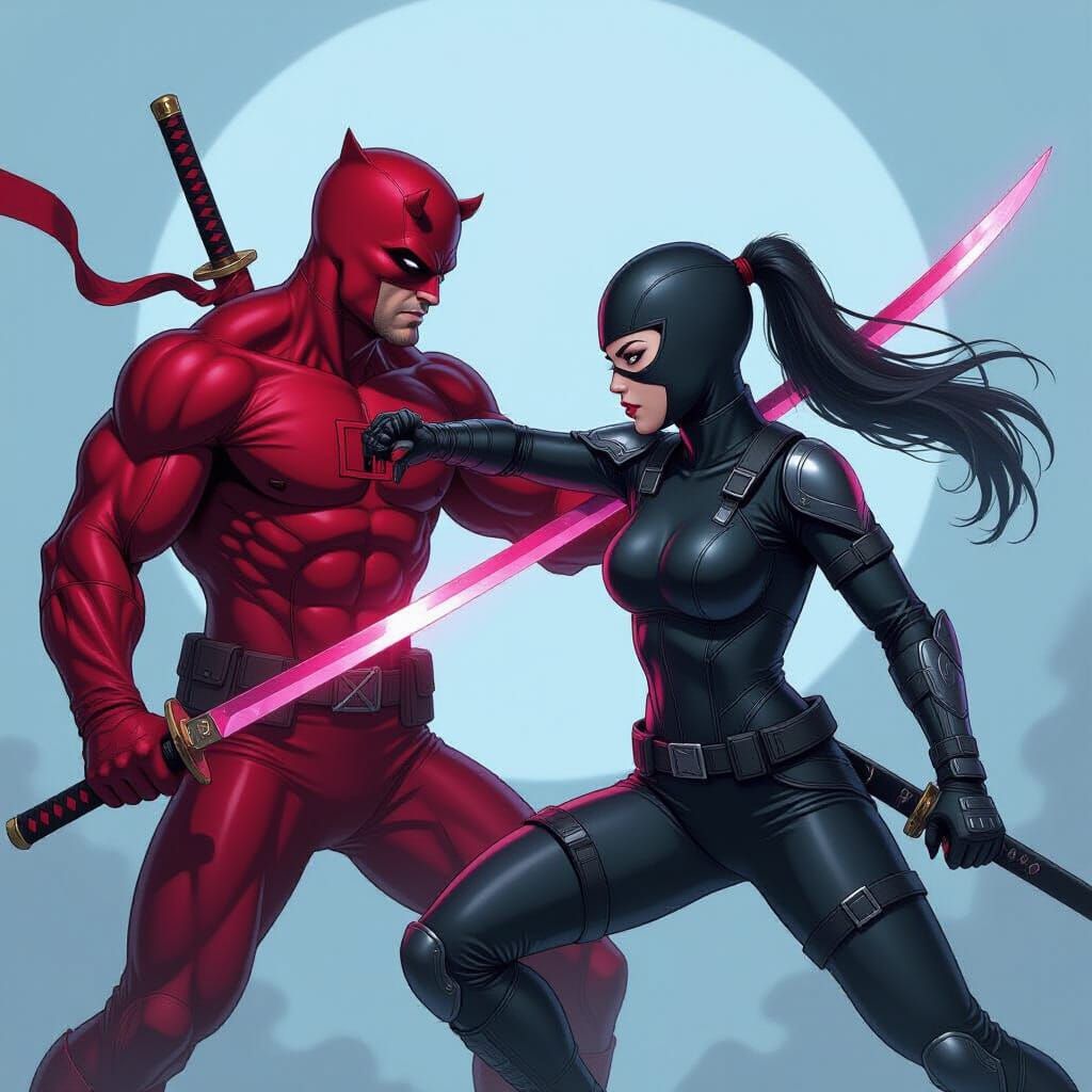 Superhero Daredevil Duel with Ninja in Cinematic Style