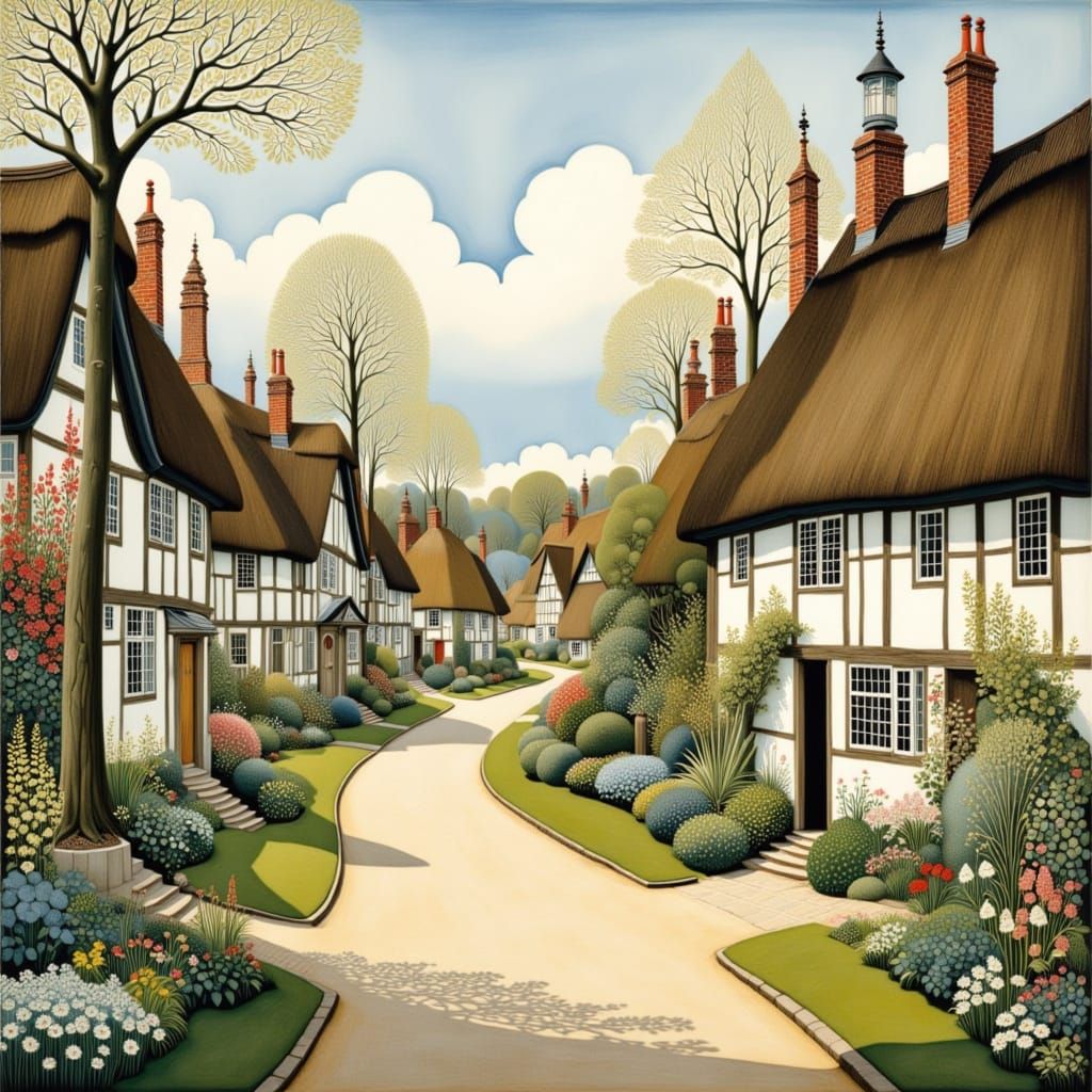 Impressionist Village Scene with Whimsical Charm