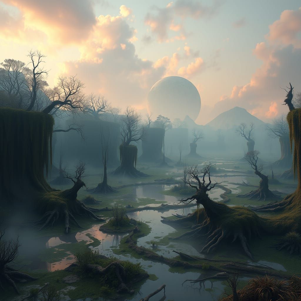 Surreal Swamp Planet Panorama in Vibrant Colors