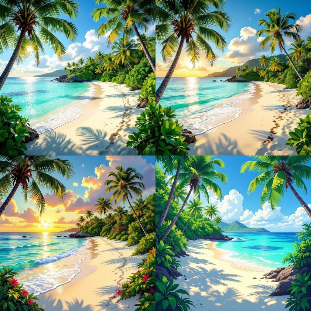 Tropical Island Beach with Crystal Waters and Coconut Trees