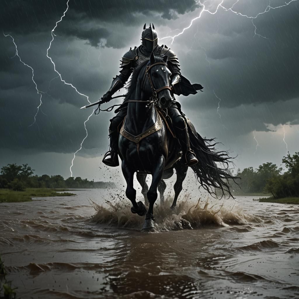 Black Knight on Horseback in Stormy Floodplain