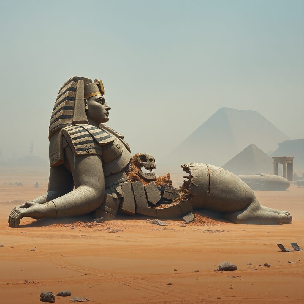 Ozymandias Statue in Ruins, Dark Surrealism Style