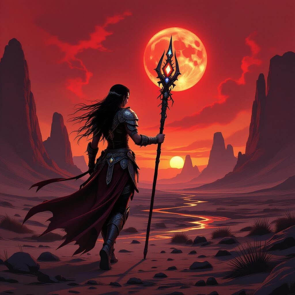 Warrior Princess in Desolate Landscape, Dark Fantasy Art