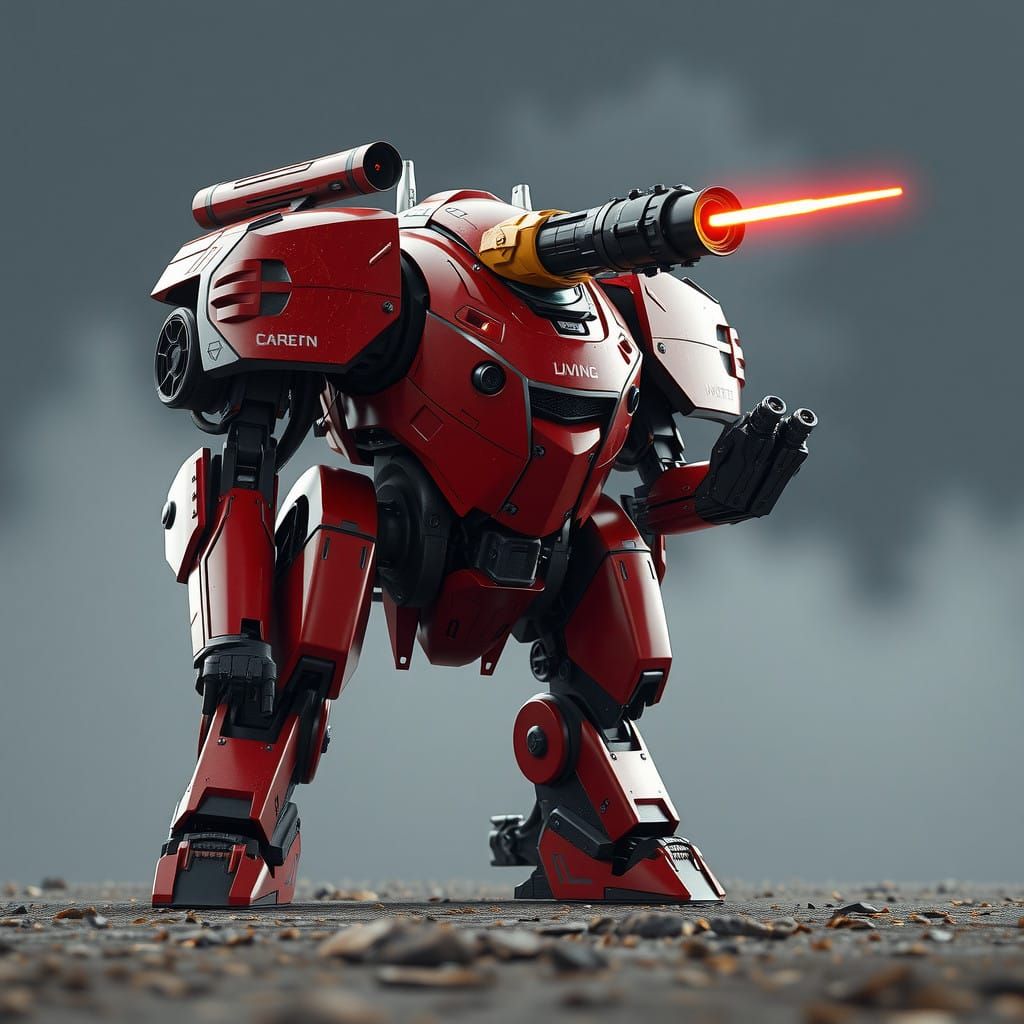 Epic Red Mecha Unit with Polished Metal Lazer Cannon