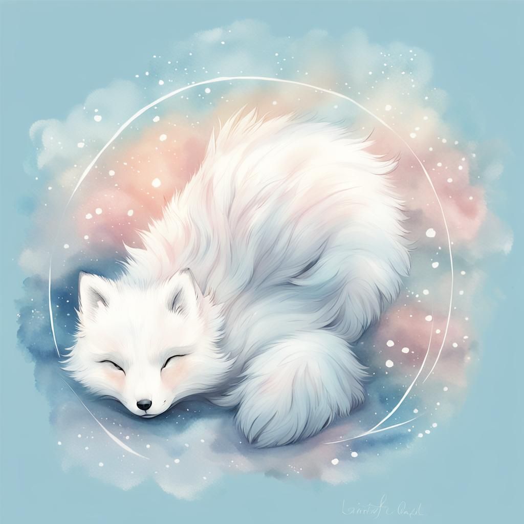 Whimsical Arctic Fox in Watercolor, Kawaii Style