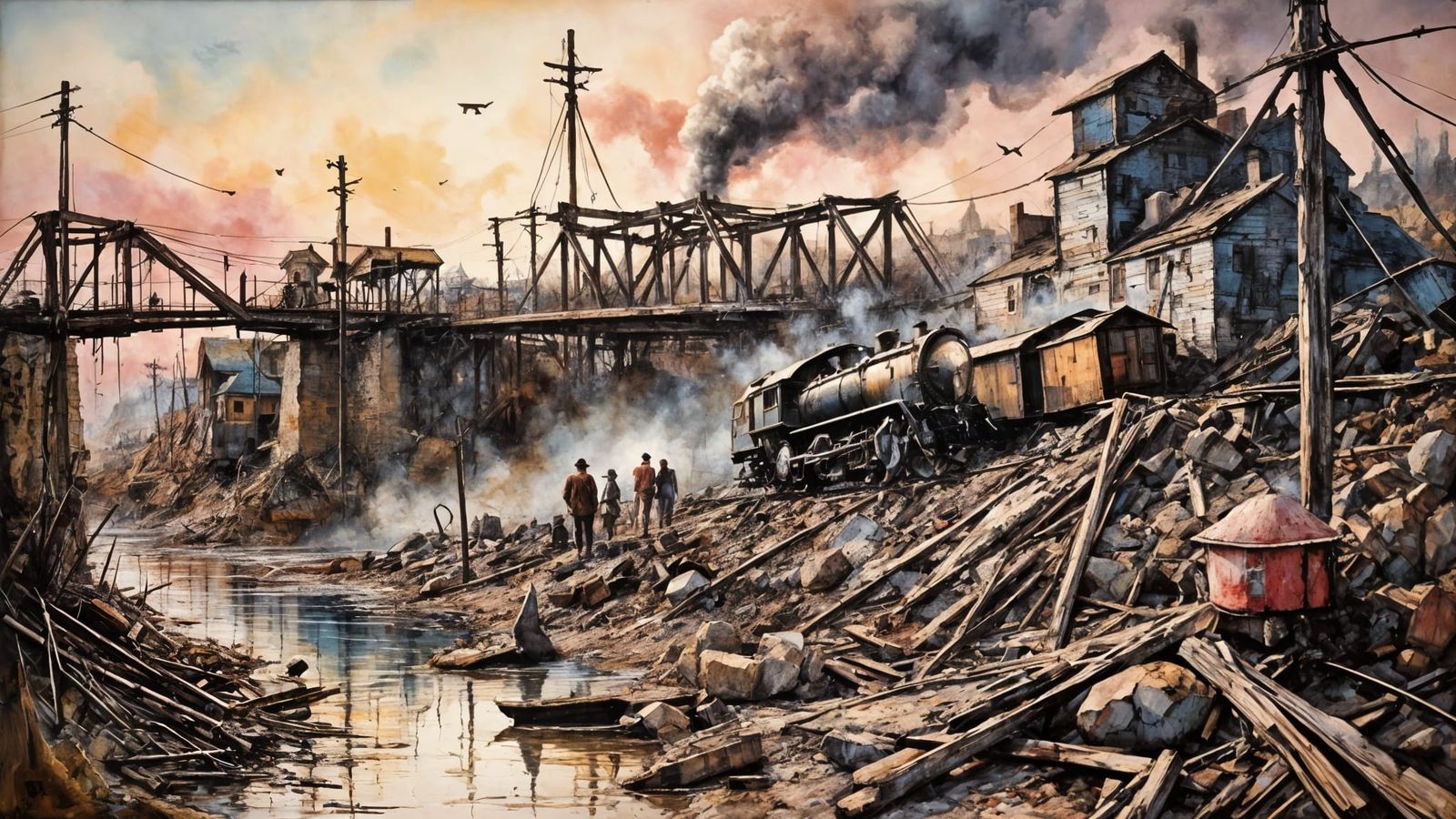 Dramatic Railroad Bridge Collapse in 1940s Realism