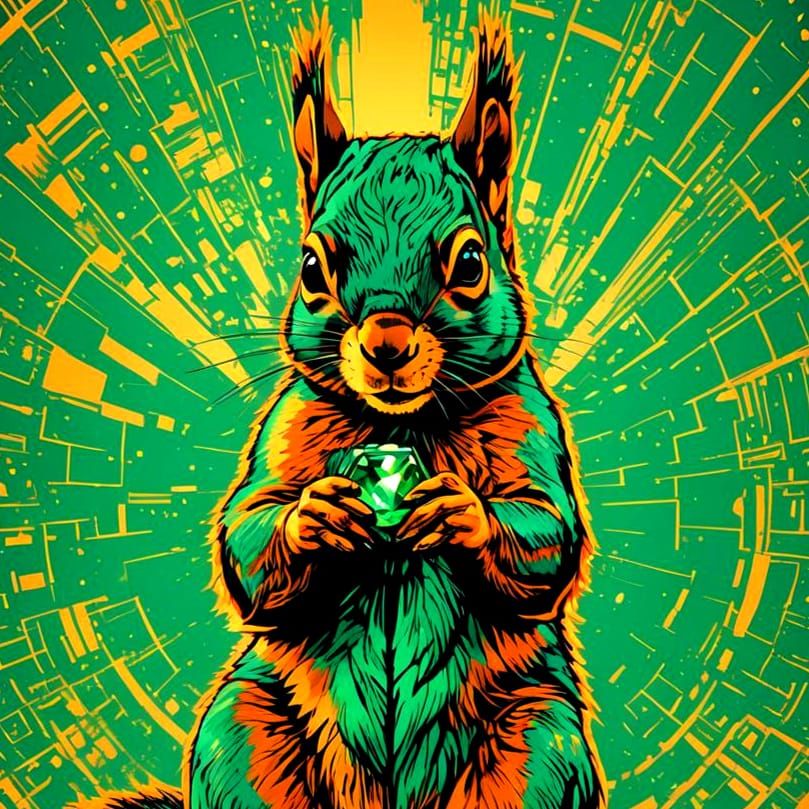 Squirrel Gazing at Emerald in Pop Art Style