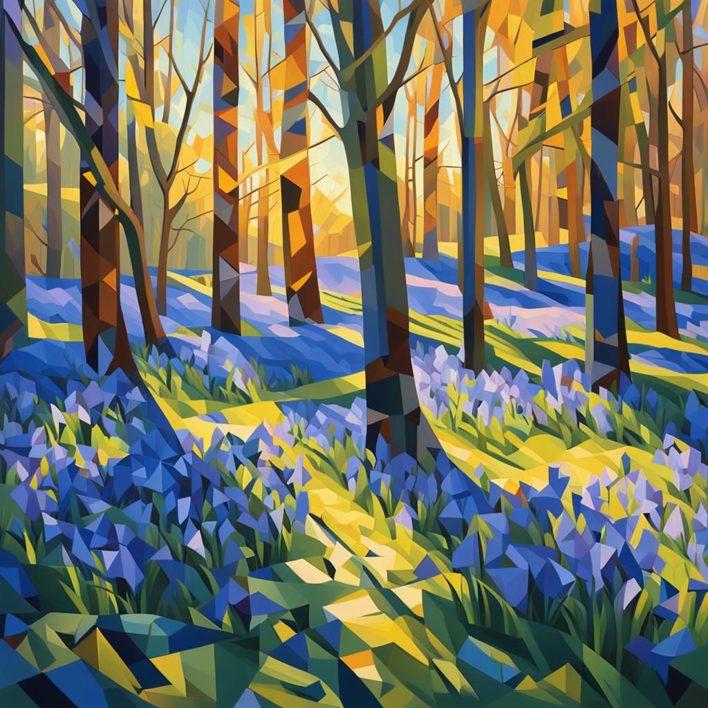 Cubist Bluebell Wood in Spring Sunlight