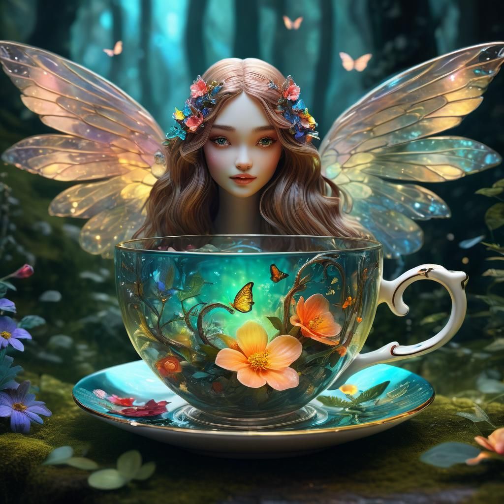 Enchanting Fairy in Teacup with Forest Scene