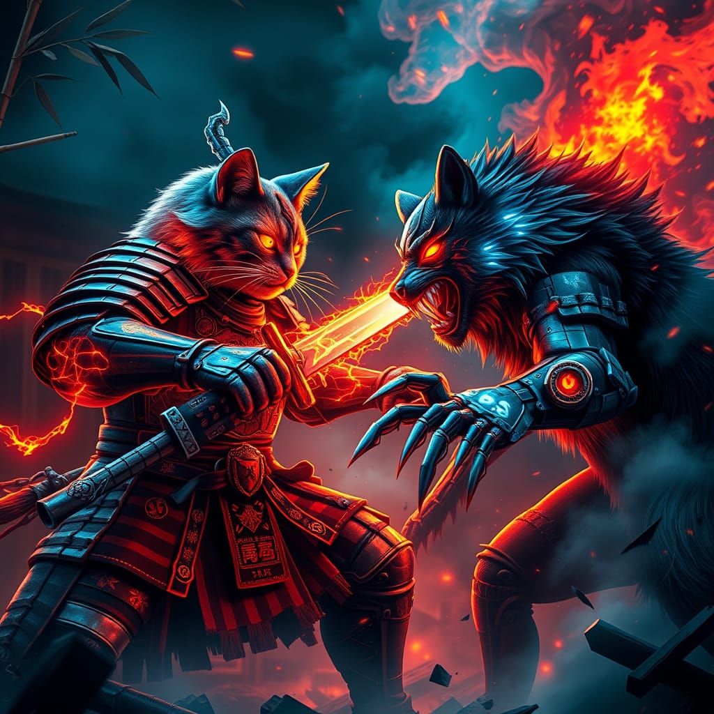 Cyberpunk Samurai Cat Battles Cybernetic Wolf in Neon-Lit Do...