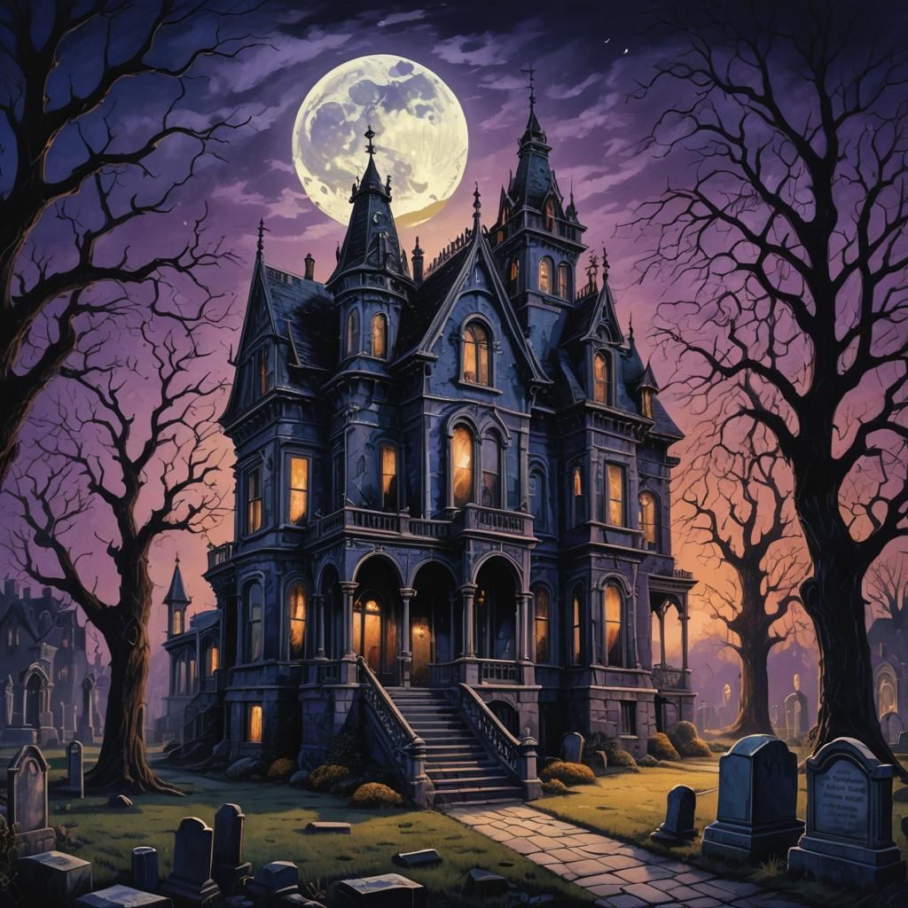 Haunted Mansion in Cemetery: Gothic Horror Concept Art