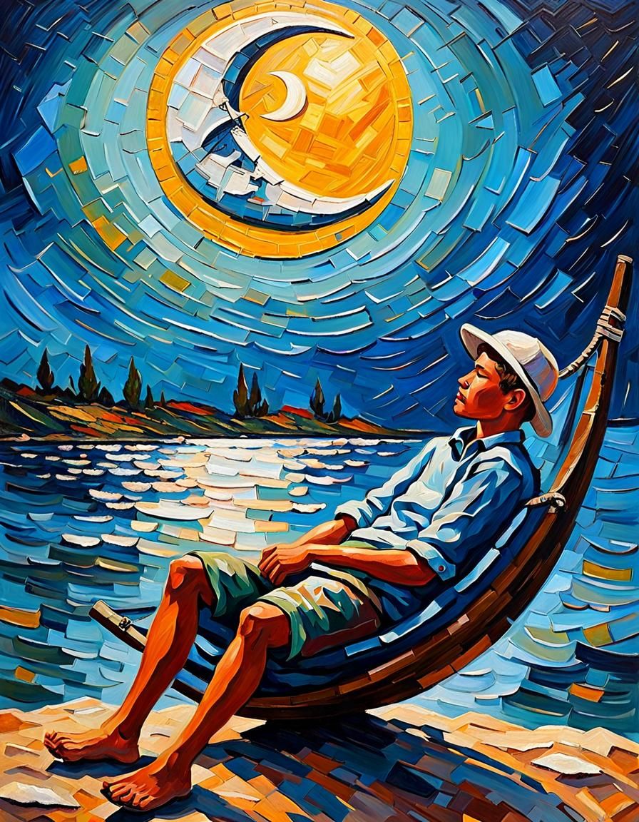 Boy Fishing on Crescent Moon, Expressionist Oil Painting