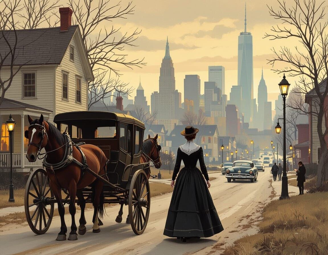 Nostalgic Victorian Woman in Emerging Modern Cityscape