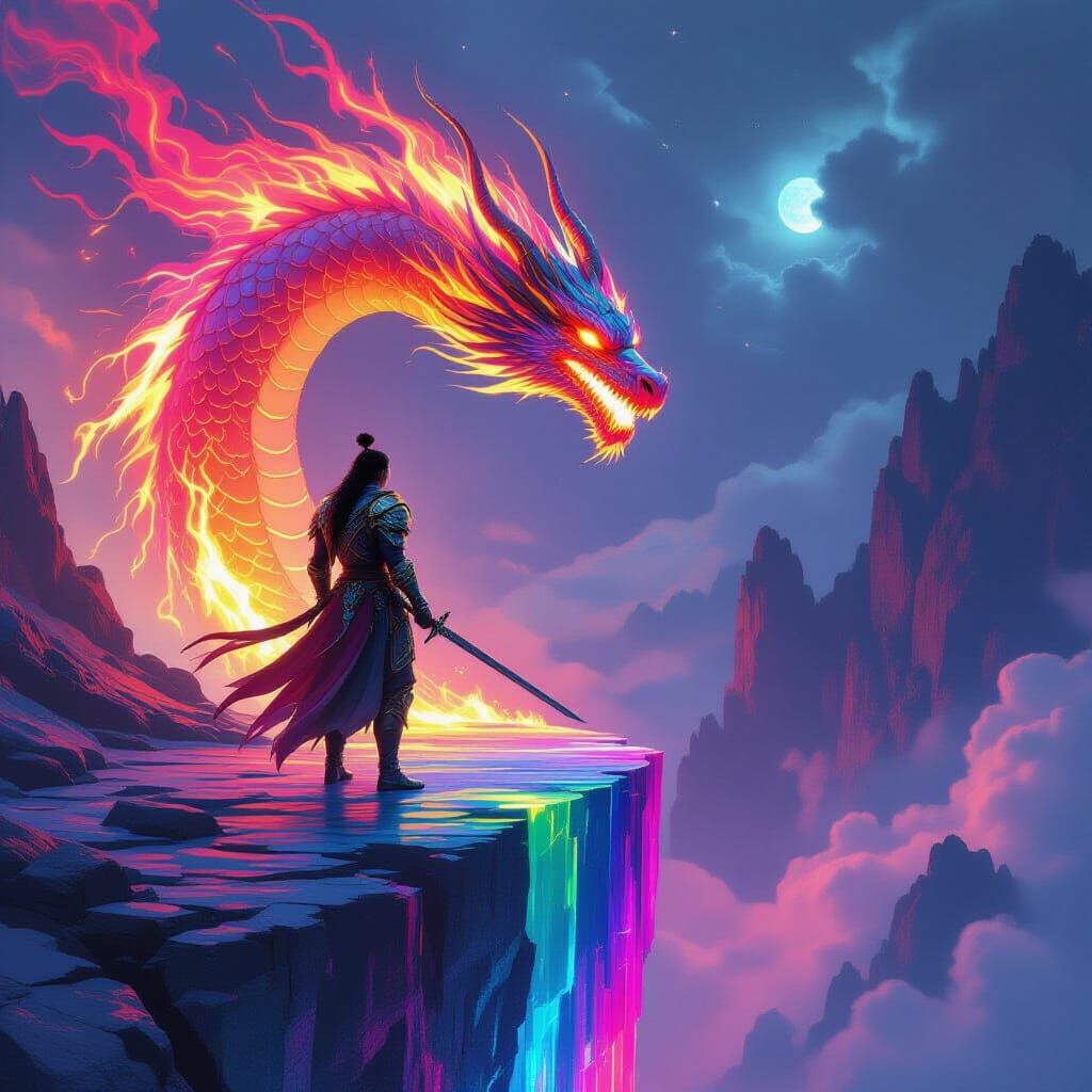 Warrior Summoning Fire Dragon in Vibrant Fantasy Style