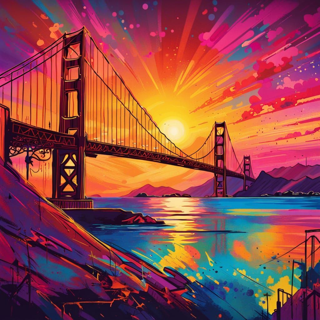 Golden Gate Sunset in Graffiti Art Style