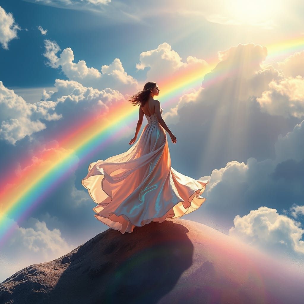 Dreamy Iridescent Goddess Walks Across a Vibrant, Prismatic...