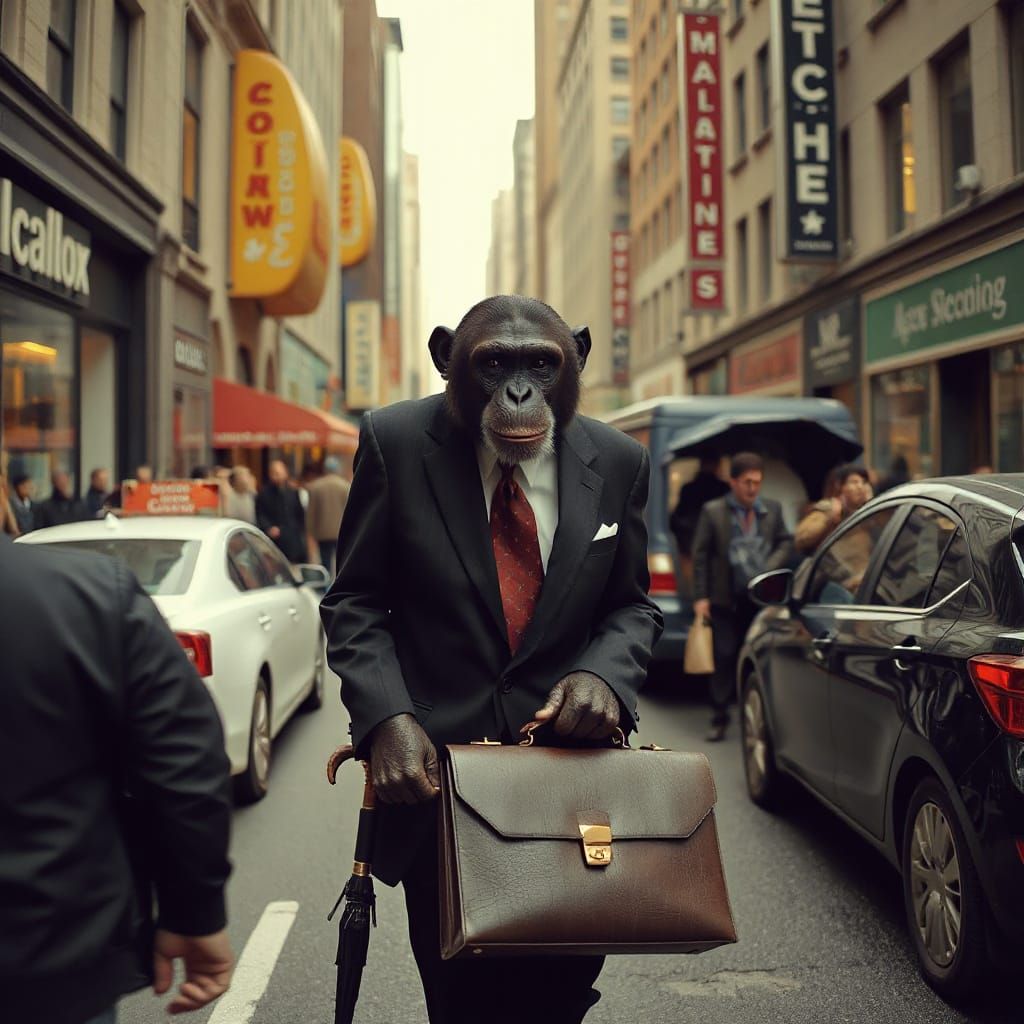 Chimpanzee in Suit Walks Busy City Street