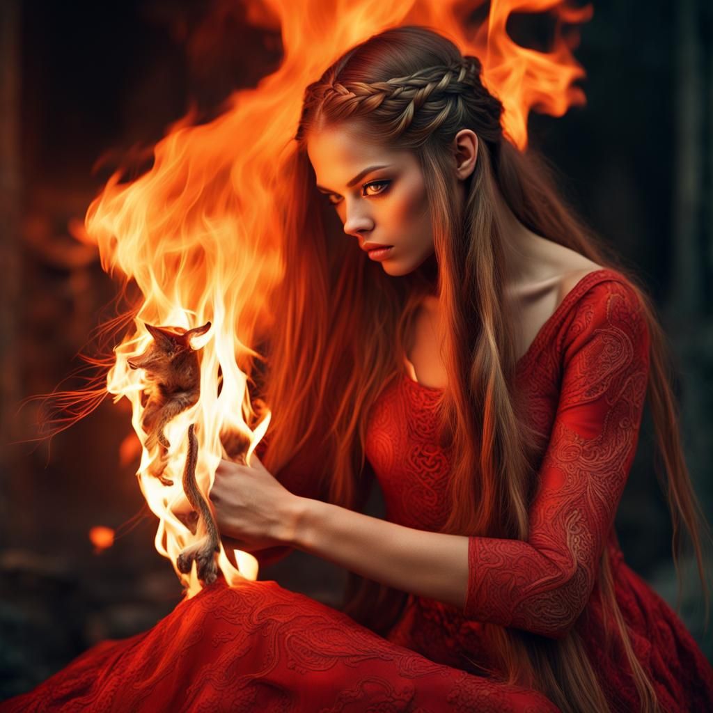 Pagan Witch Dances in Firelight: Hyperrealistic Portrait