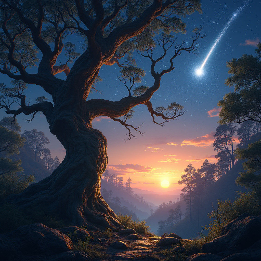 Enchanted Forest Landscape with Comet, Digital Art