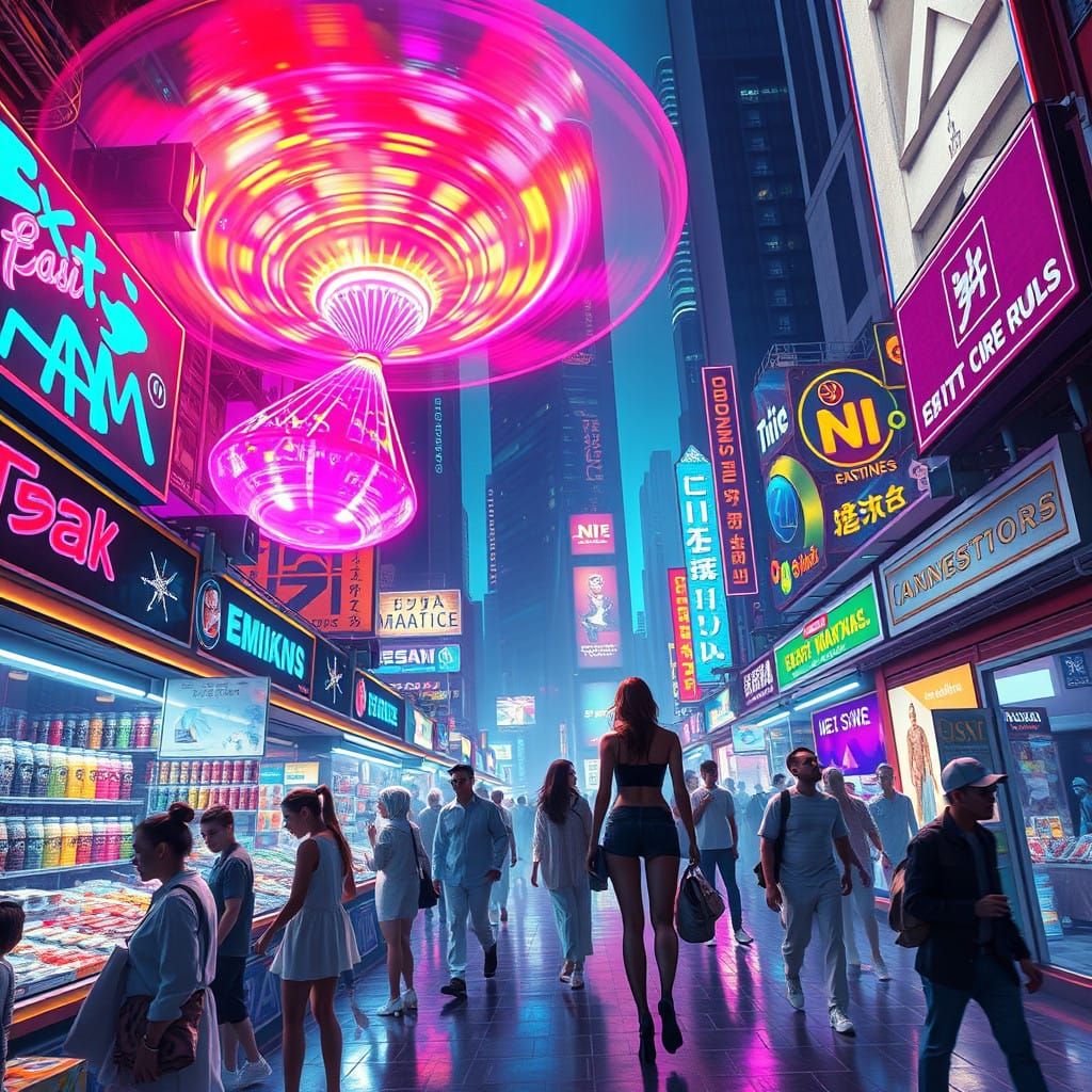 Surreal Cyberpunk Scene of Holographic Vendors in a Futurist...